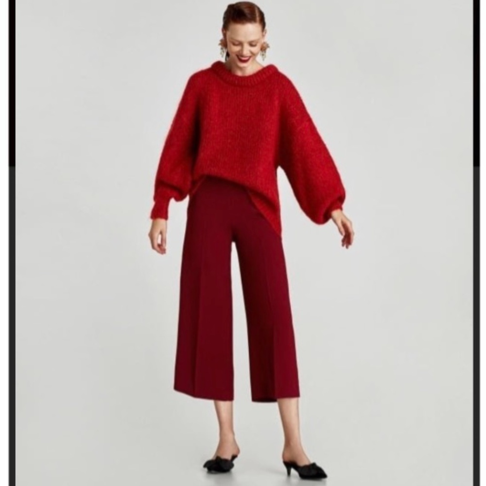 Zara Burgundy Wide Leg Crop Trousers